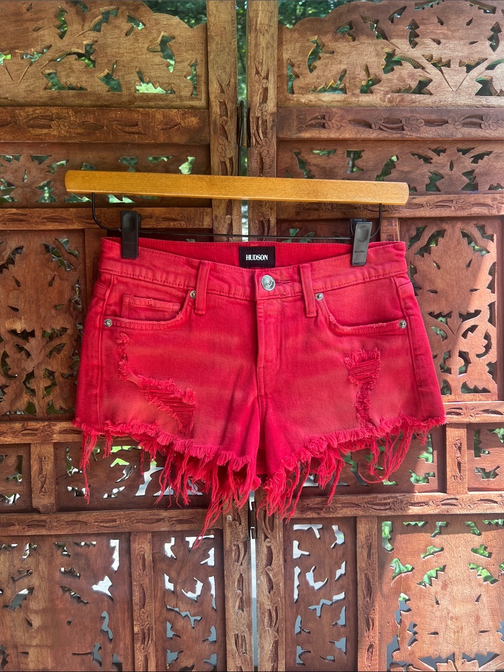 Hudson Jeans Red Distressed Frayed Denim Shorts